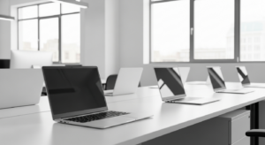 Computer rigenerati di grado A in un ufficio moderno i vari display non devono avere scritte