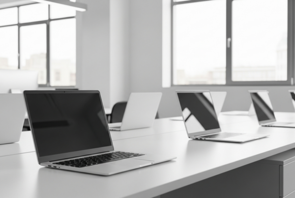 Computer rigenerati di grado A in un ufficio moderno i vari display non devono avere scritte