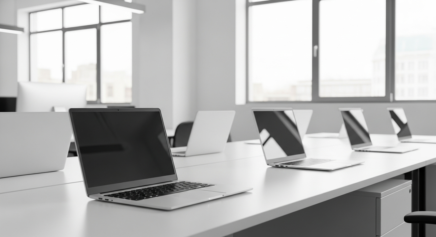 Computer rigenerati di grado A in un ufficio moderno i vari display non devono avere scritte
