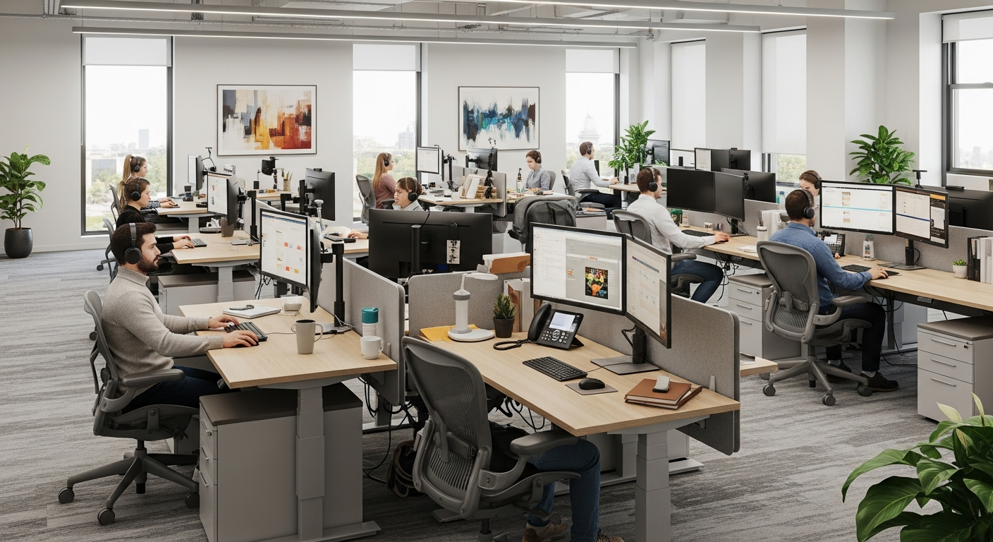 Ufficio open space con dipendenti che utilizzano cuffie professionali noise cancelling